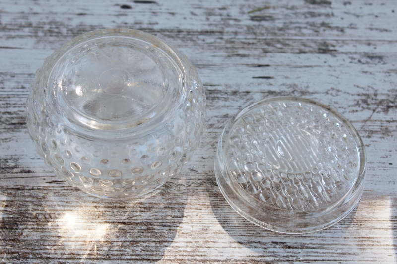 vintage hobnail glass powder puff jar, dot dash pattern Anchor Hocking hobnail glass