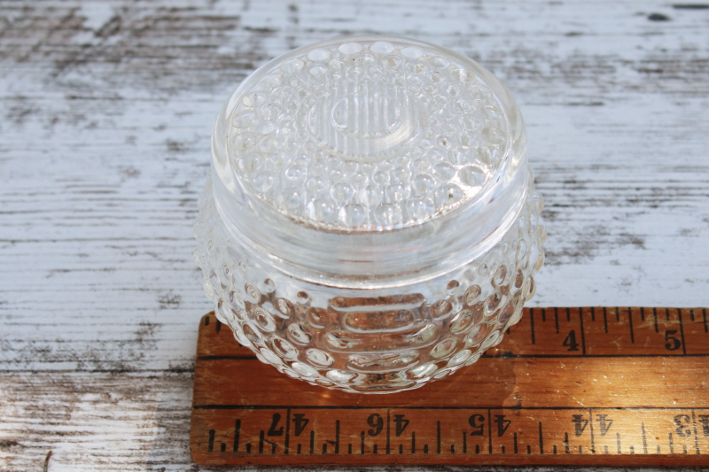 vintage hobnail glass powder puff jar, dot dash pattern Anchor Hocking hobnail glass