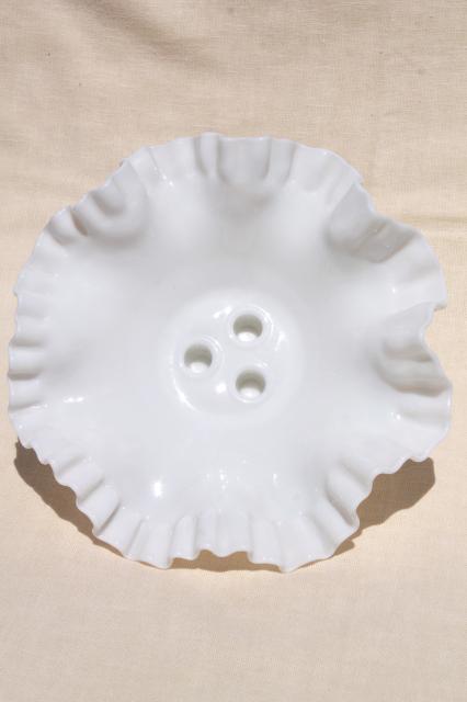 vintage hobnail milk glass epergne bowl, centerpiece for Fenton three horn vase
