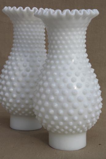 vintage hobnail milk glass hurricane shades, hand blown opaque white lamp chimney pair