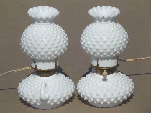 vintage hobnail milk glass lamps, finger ring candlestick lamps w/ shades