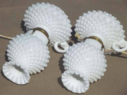 vintage hobnail milk glass lamps, finger ring candlestick lamps w/ shades