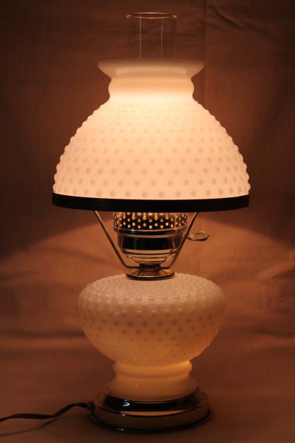 vintage hobnail milk glass student lamp, table lamp w/ milk glass lamp shade