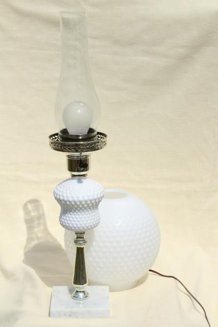vintage hobnail milk glass table lamp, gone with the wind round globe shade