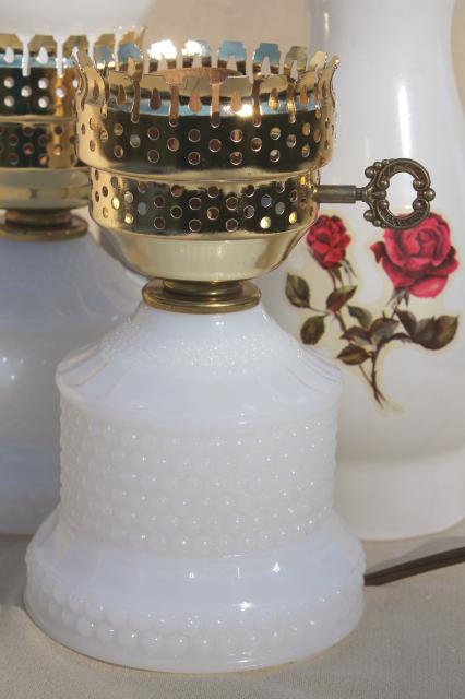 vintage hobnail milk glass vanity table lamps w/ pink roses, boudoir lamp pair