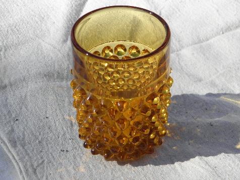 vintage hobnail pattern glass tumbler, heavy old amber glass