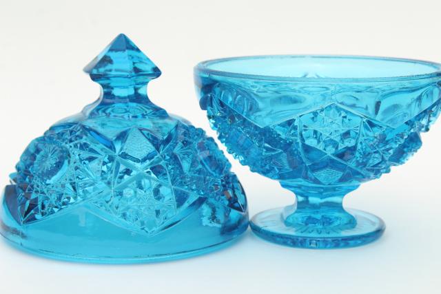 vintage hobstar & fan pattern pressed glass candy dish, beautiful blue glass