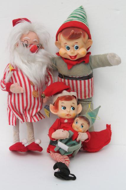 vintage holiday Christmas elf, knee hugger pixies, Dream doll Santa in nightshirt