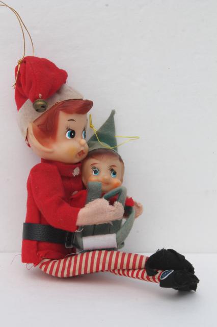 vintage holiday Christmas elf, knee hugger pixies, Dream doll Santa in nightshirt