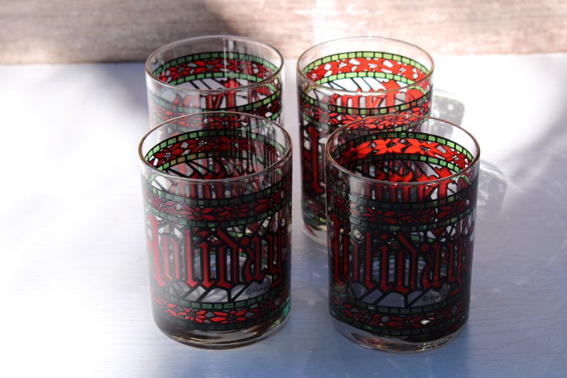 vintage holiday barware, Happy Holidays print double old fashioned big tumblers Christmas red  green