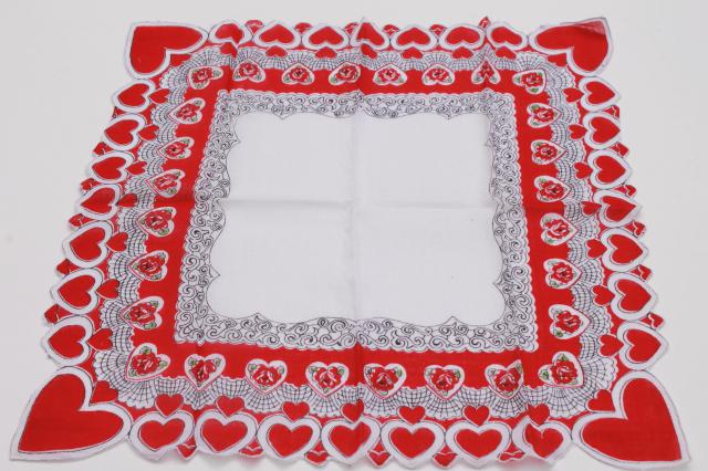vintage holiday hankies, collection of Valentine's Day valentine hearts handkerchiefs 