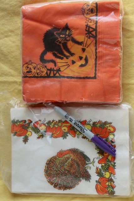 vintage holiday party paper napkins, Halloween & Thanksgiving retro art graphics