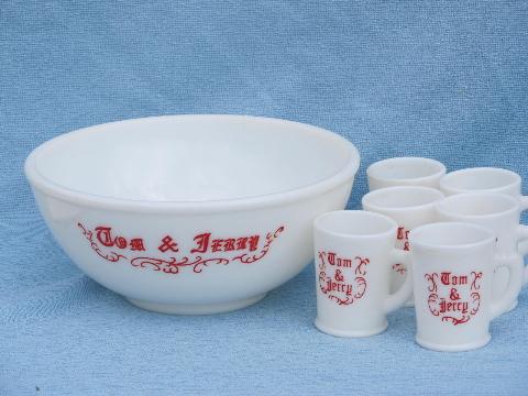 vintage holiday punch / egg nog set, milk glass Tom and Jerry bowl, mugs