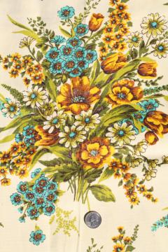 vintage home decor fabric, floral bouquets in golden yellow shades w/ aqua