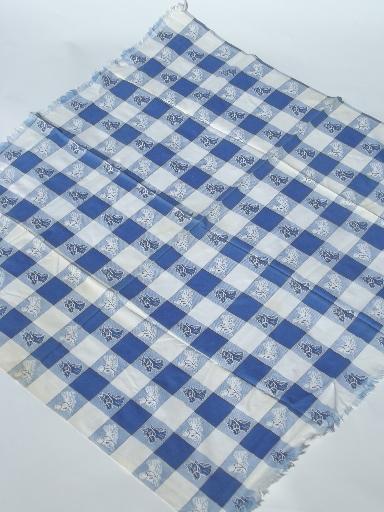 vintage horses print fabric tablecloth, blue & white checked cotton