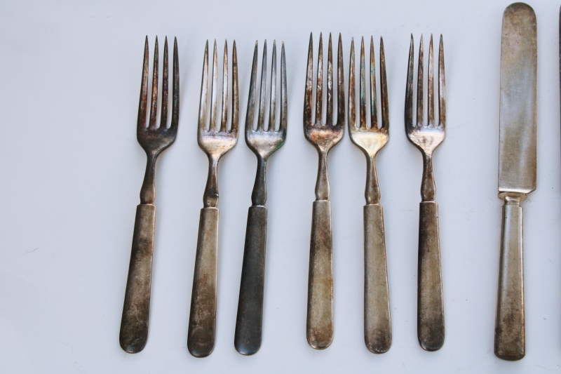vintage hotel silver plate flatware, antique silverware set of six dinner forks and knives