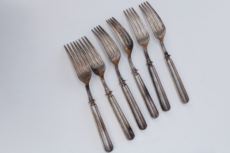 vintage hotel silver plate flatware, round handled dinner forks and knives antique silverware