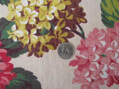 vintage hydrangea floral print cotton decorator fabric, 1940s or 50s