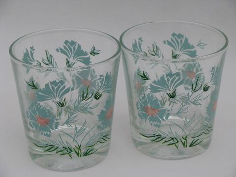 vintage iced tea & juice glasses w/ cornflowers, 1950s aqua & pink