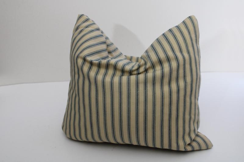 vintage indigo blue ticking striped square feather pillow or bench cushion 