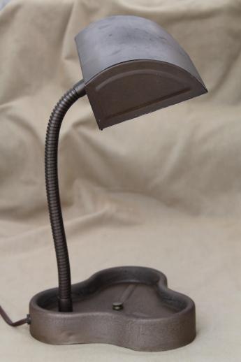 vintage industrial metal lamp, cloverleaf desk tray gooseneck light w/ metal shade