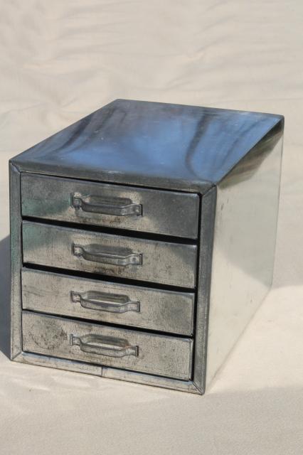 vintage industrial metal parts chest / hardware organizer bin, tin box w/ storage drawers