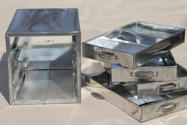vintage industrial metal parts chest / hardware organizer bin, tin box w/ storage drawers