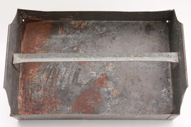 vintage industrial metal tool tote toolbox tray, rusty rustic old paint patina