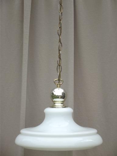 vintage industrial pendant lights w/ huge milk glass lamp shades, farmhouse style