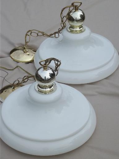 vintage industrial pendant lights w/ huge milk glass lamp shades, farmhouse style