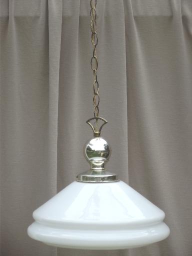 vintage industrial pendant lights w/ huge milk glass lamp shades, farmhouse style