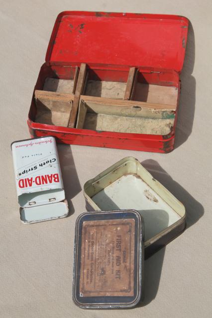 vintage industrial style metal First Aid tins, small metal boxes for bandages etc.