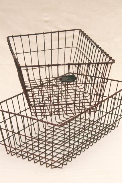 vintage industrial wire baskets, storage bins w/ numbered locker basket tag