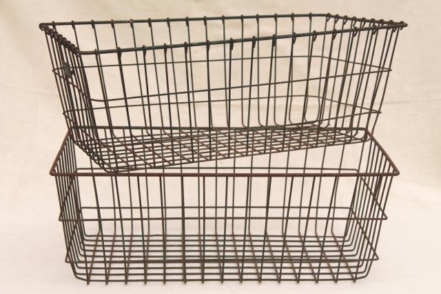 vintage industrial wire baskets, storage bins w/ numbered locker basket tag