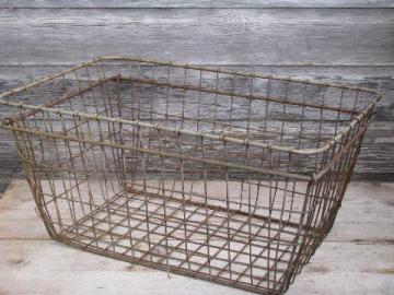 vintage industrial wire storage bin, large primitive wirework laundry basket