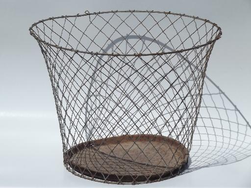 vintage industrial wire wastebasket, shabby old wire work basket for shade?