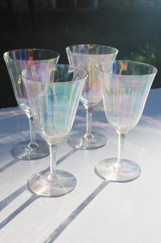 vintage iridescent luster glass stemware, set of 4 water goblets or wine glasses