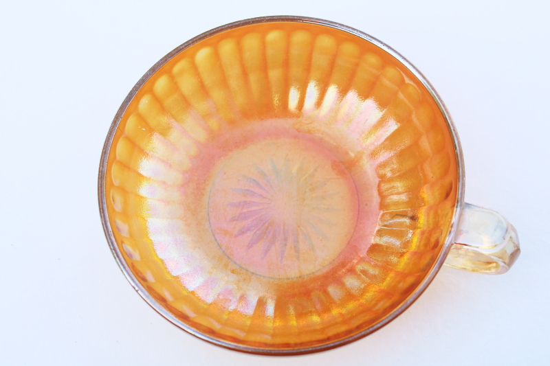 vintage iridescent marigold orange luster carnival glass nappy, round dish w/ handle
