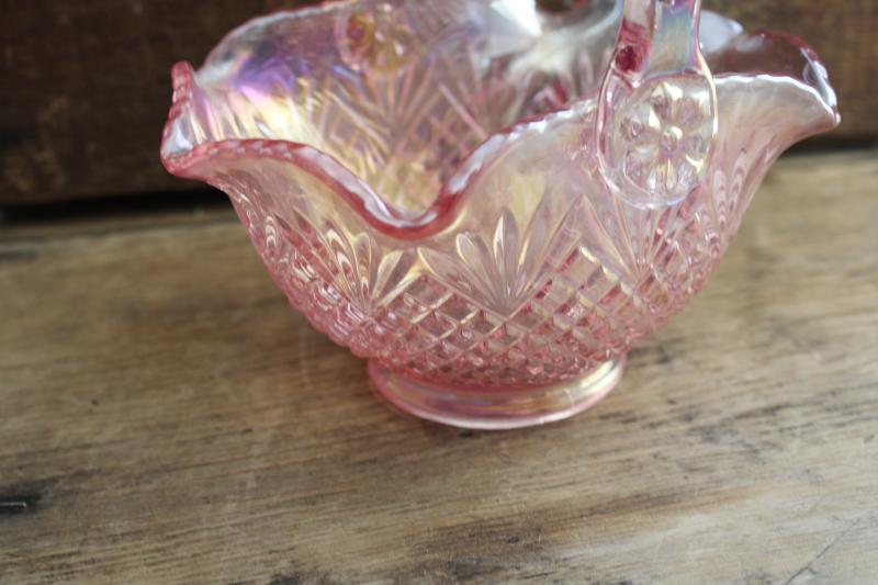 vintage iridescent pink opalescent glass basket pineapple fine cut & fan pattern