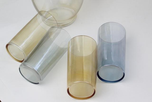 vintage iridscent glass lemonade set pitcher tumblers drinking glasses w/ luster in amber & blue