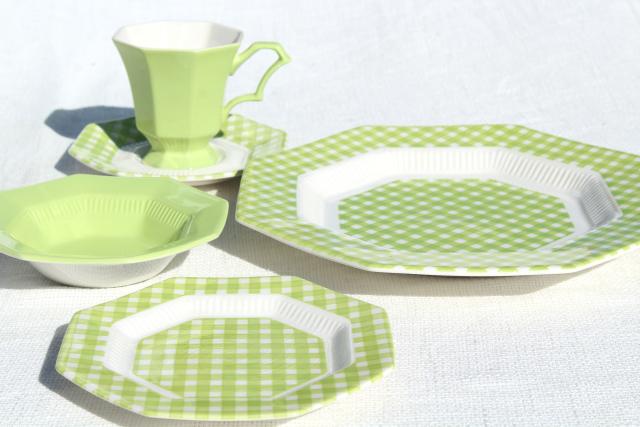 vintage ironstone china dinnerware, green & white gingham checked dishes 1970s Japan