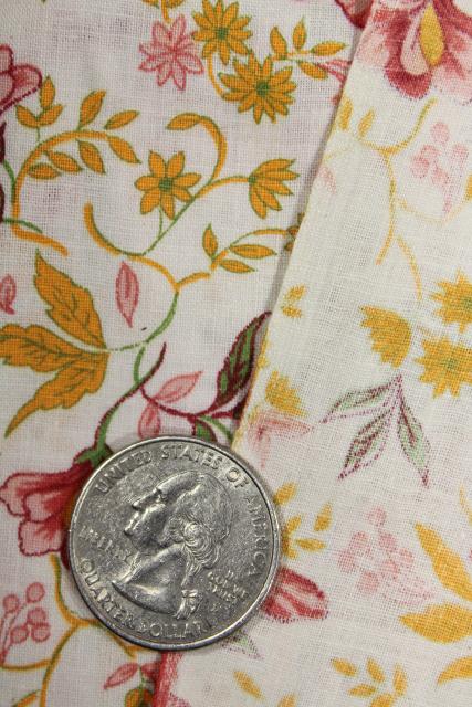 vintage jacobean floral print cotton fabric, coral pink & mustard gold on white