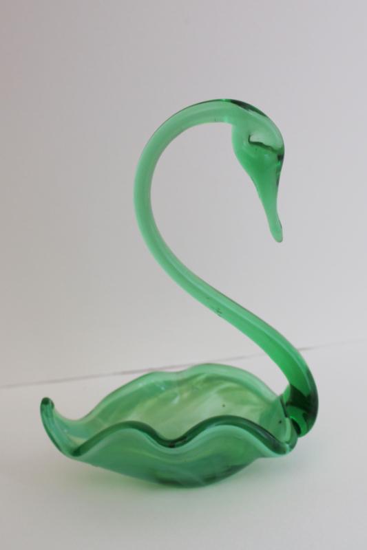 vintage jadite green slag glass swan, hand blown art glass dish or small bowl