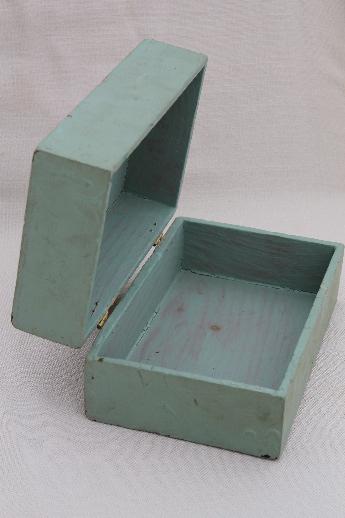 vintage keepsake box, shabby painted wooden box w/ old floral decal on green