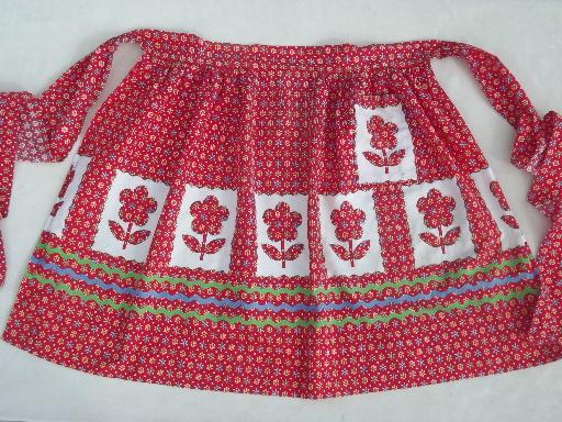 vintage kitchen apron, rick-rack print printed applique tulips cotton fabric