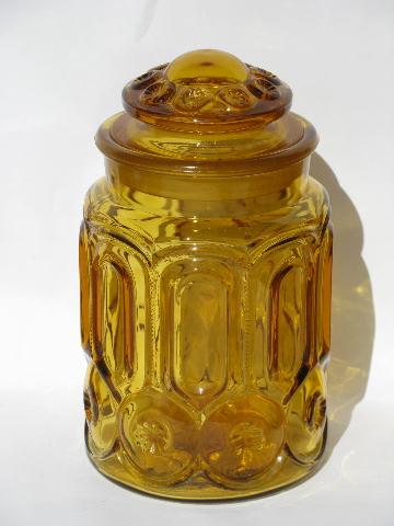 vintage kitchen canister jars & shakers set, moon & stars pattern amber glass