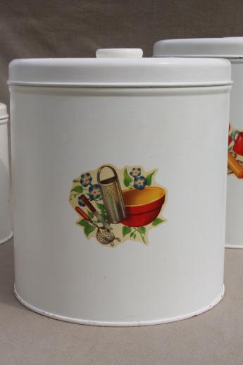 vintage kitchen canisters, metal canister set, tins w/ cute retro decals