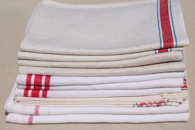vintage kitchen dish towels, striped linen and cotton towel lot of 10