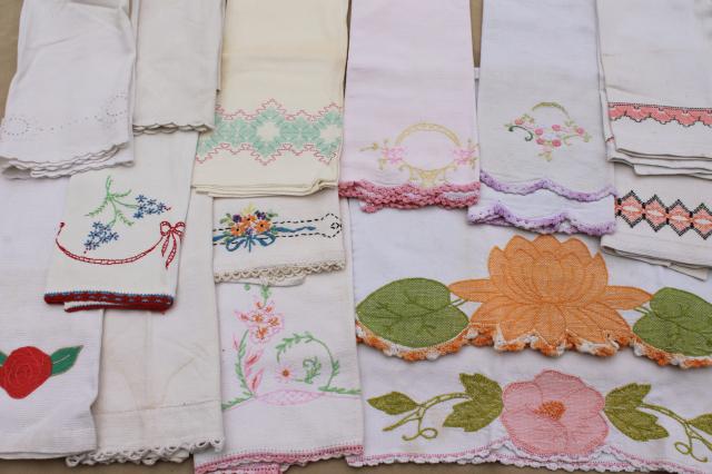 vintage kitchen linens lot, embroidered tea towels, cotton dish towels w/ embroidery