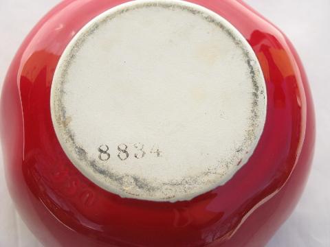 vintage kitchen pottery jam pot, big red tomato, marked USA